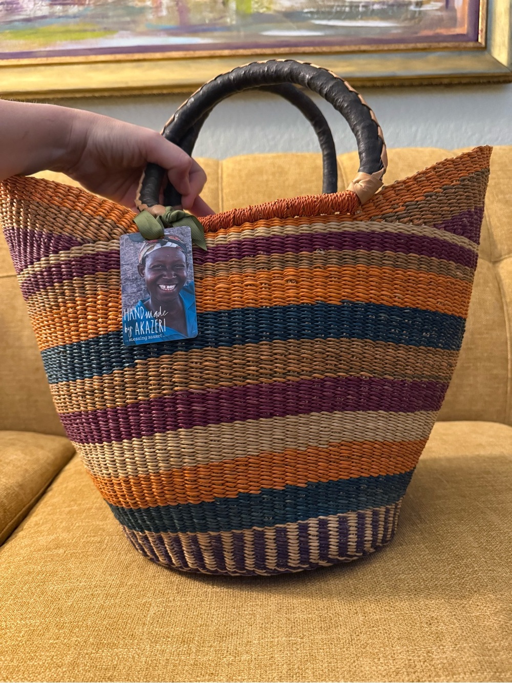 Akazeri Ahmah Apatterned basket, African woven market bag,orange blue purple NEW - Picture 7 of 8